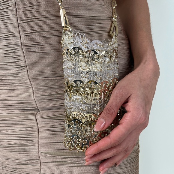 Paco Rabanne 1969 Iconic Chainmail Gold PVC Plastic Two-tone Bottle Cap Mini Bag - Picture 2 of 12